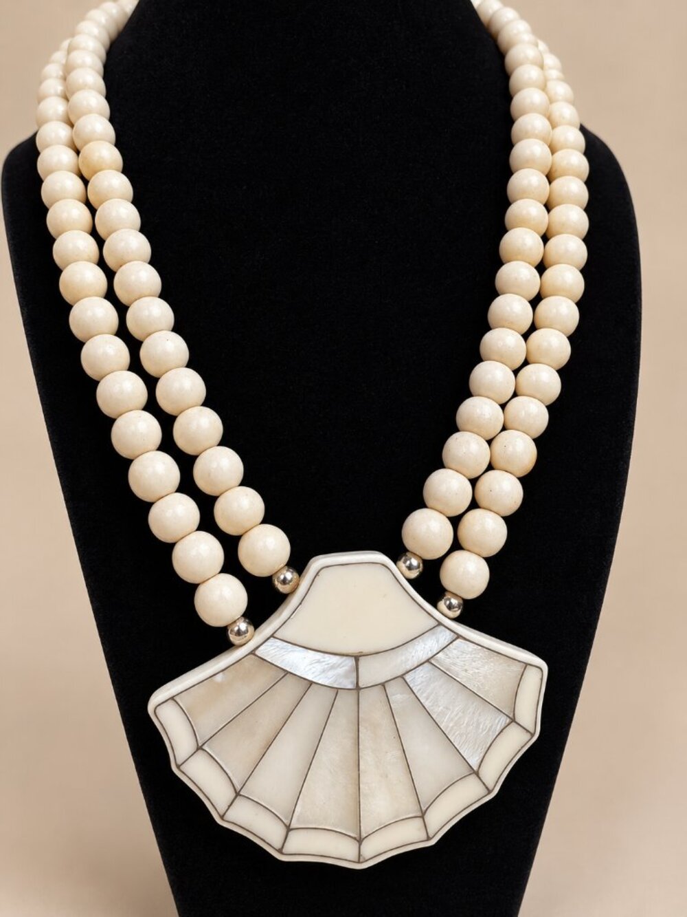 Ivory Double Strand Beaded Necklace with Pearly Seashell Fan Pendant